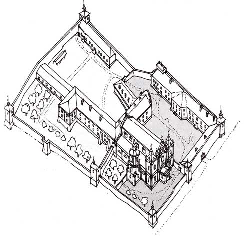 Загальний вигляд єзуїтського комплексу станом на середину XVIII ст. Гіпотетична графічна реконструкція професора П. Ричкова