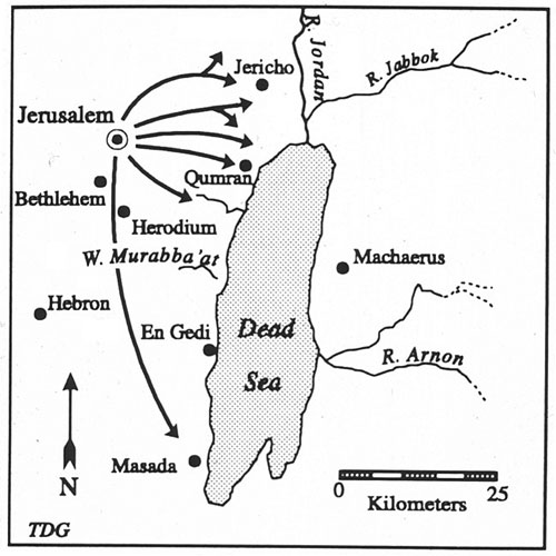 Географічне відтворення теорії єрусалимського походження рукописів Мертвого моря. Ілюстрація надана Норманом Ґолбом